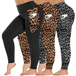 Plus Size Women’s High Waist Yoga Pants Sexy Leopard Print Sweat Wicking Sport Tight Leggings with Pockets Soft Buttery Leggings