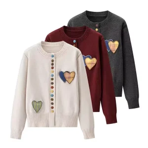 Plus Size Women’s Knit Cardigan with Heart-Shaped Color Buttons Round Neck Loose Fit Sweater