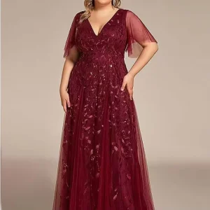 Plus Size Women’s Modern Sequin Glitter Short Sleeve V Neck Ball Gown Cocktail Party Club Dress
