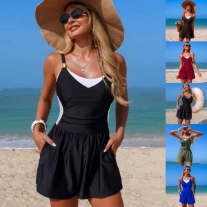 Plus Size Women’s Modest One Piece Swimsuit High Waist Tummy Control Romper Bathing Suit with Pockets Color Block Trim Swimwear