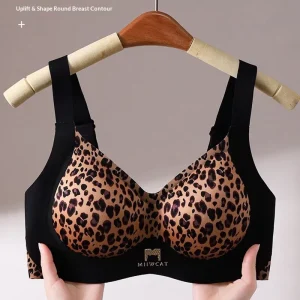Plus Size Women’s One Piece Comfortable Traceless Leopard Print Anti Sagging Comfortable Push up Wire Free Adhesive Bra