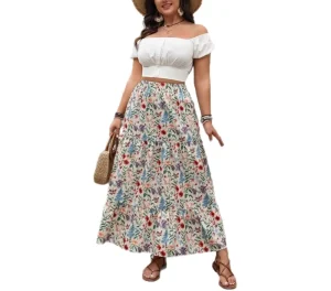 Plus Size Women’s Pleated Skirts Natural Waist Three-Tier Ruffle Floral Chiffon Breathable Maxi Bohemian Vacation Style Slimming