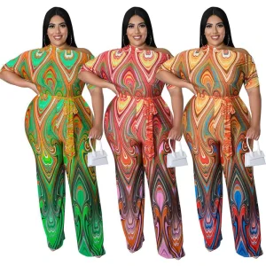 Plus Size Women’s Sexy Slash Neck Printed Wide Leg Jumpsuit