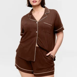 Plus Size Women’s Short Sleeve Button Down Pajama Set Soft Knit Loungewear with Piping & Pockets