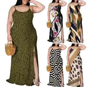 Plus Size Women’s Sleeveless Slip Dress with Side Slit Printed Design Casual Loose Fit Suitable for Summer Wear