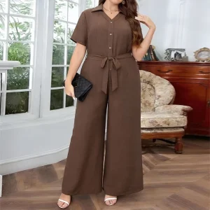 Plus Size Women’s Solid Color Jumpsuit Belt Bow Decoration Button Closure Wide-leg Pants Casual Wearing Elegant Women Style