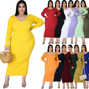 Plus Size Women’s Solid Color Long Sleeved V neck Ribbed Dress