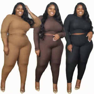 Plus Size Women’s Solid Color Ribbed Long Sleeve Two Piece Knit Set