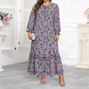 Plus Size Women’s Spring Crew-neck Long Sleeve Floral Printed Straight Loose Fit Skirt Seaside Beach Dress Casual Wearing