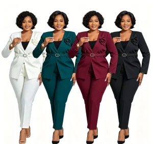 Plus Size Women’s Waist Belt Blazer Suit 2 Piece Set Lapel Long Sleeve High Waist Straight Pants Formal Curvy Outfit Lady’s Suit