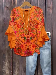 Plus Size Women’s Woven Fabric Ruffled V-Neck Casual Spring Long Half Sleeve Top Shirt