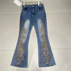 Plus Size Y2K Sparkly Rose Rhinestone Flare Jeans Women’s High Waist Bootcut Denim Pants for Streetwear