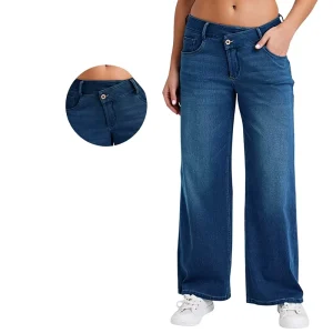 Plus-size Loose Casual Mid Cross-tie Jeans Women’s High-elastic Figure-flattering Cat-wash Monkey-pocket