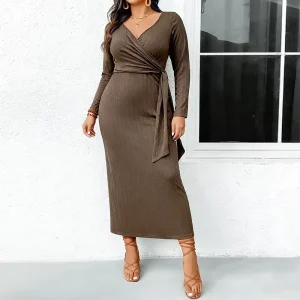 Plus-size Women’s Clothing Casual Solid Color Pencil Maxi Dress Cross V-neck Long Sleeve Bodycon Elegant Ladies Skirt 1XL-5XL