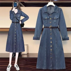 Plus-size Women’s Dress Womens Clothing Denim Breasted Dress Long Sleeve Stitching Slim A-Line Dress