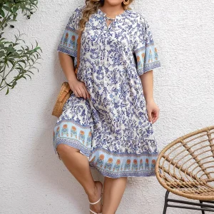 Plus size Women’s Positioned Printing Casual Dress Straight Loose Fit Daily or Beach Wear Woven Tie Design 1XL 5XL Blue Color