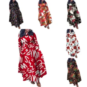 Plus size Women’s Printed Short sleeve Dress High waist Flared African style Foreign Trade Long Dress