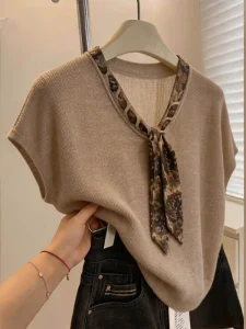 Plus size Women’s Vintage Silk Scarf Tied Short Sleeve Hand Woven Knit Top Summer New Loose Fit Figure Flattering