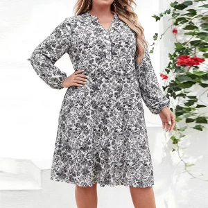 Plus size Women’s Woven Full Floral Print Dress V Neck Long sleeves Skirt Elegant Vacation Style Beach Wear High Quality Gray