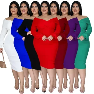 Plus size women’s clothing for plump women in Europe and America V neck solid color mid length sexy dress