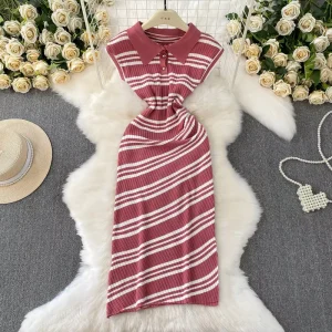 Polo Neck Knitted Dress Women Summer Pleated Slender Striped Irregular Slit Long Dress