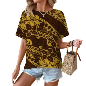 Polynesian Elei Tribal Design Custom Eco-Friendly Breathable Casual Women’s with Ruffled Hem Short-sleeved T-shirt