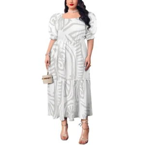 Polynesian Elei Tribal White Gray Design Custom Party Dress Fashion Casual Women’s Plus Size Adult Bubble Sleeve Dress