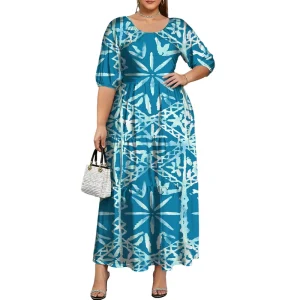 Polynesian Tribal Designs OEM Ladies Dresses Custom Sexy Big Size Short Sleeve Women’s Dress With Round Neckline