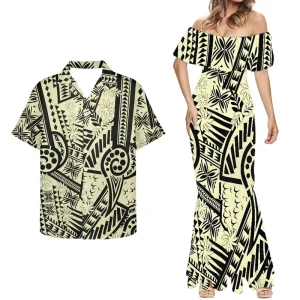 Polynesian Tribal Print Colorful Tiare Flower Custom Sexy Fishtail Skirt Men Shirt Sweet Lovers Matching Couple Clothes