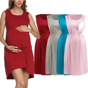 Popular Trendy Nursing Maternity Clothing Sleeveless Round-Neck Dress Multiple Colors Women Pregnant Dress