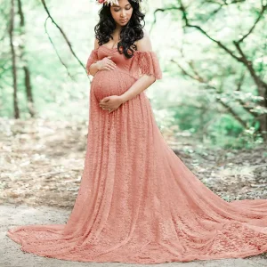 Pregnancy Dress for Photo Shoot Fashion Women’s Lace Maternity Long Dress Elegant Short Sleeveless Maternity Dress