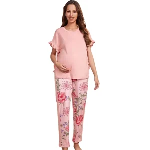 Pregnancy Solid Fill Trim T Shirts With Floral Pants Loungewear Maternity Pajama Clothes for Pregnant Women