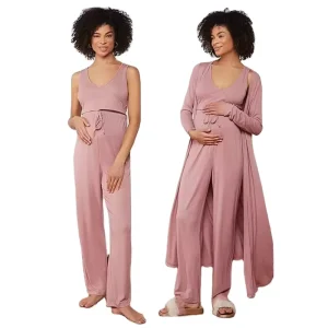 Pregnant Solid Maternity Dresses Rib knit Tank Top Drawstring Pants With Coat Maternity Nursing Pajama Sets