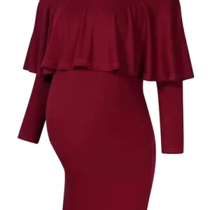 Pregnant Woman Fashion Off the Shoulder Ruffle Dresses Single Neck Maternity Dress
