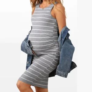 Pregnant Women Dress Maternity Dress Round Neck Dress Casual Striped Elastic Tight Fitting Sleeveless Pregnancy Wear