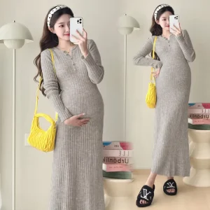 Pregnant Women’s Maternity Clothes Nursing Underwear Breastfeeding Dress Pregnancy Long Sleeve Knitted Dress