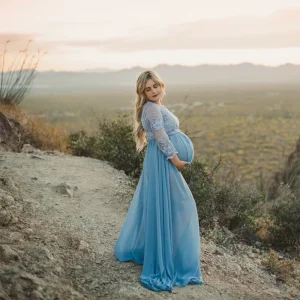 Pregnant Women’s Maternity Lace Dress Long Sleeved Lace Patchwork Loose Trailing Dress