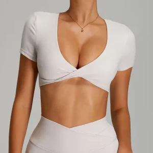 Premium Custom Front Breathable Backless Short Sleeve Lightweight Four-Way Stretch Workout Crop Top Deep V Neck Quick Dry