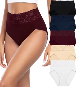 Premium Polyester Cotton High Waist Lace Briefs Five Pack Elastic Breathable High Grade Underwear for All Ladies Daily Use