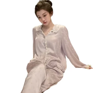 Premium Sense of Fashion Women’s Long sleeved Pants Simulation Silk Can Be Worn Outside Pajamas Loungewear