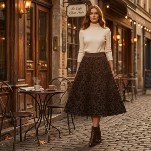 Premium Soft Stretchy Wool Knit Formal Mid-Calf Natural Waist Pleated Skirt for Women Daily Commute Wear