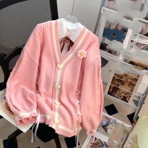 Preppy Style Casual Women’s Sweaters O Neck Autumn Winter Kawaii Loose Cardigans Retro Y2K Sweet