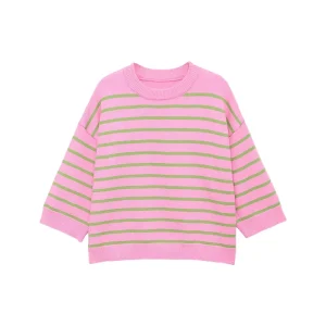 Preppy Women’s Crew Neck Striped Knit Top Sleeve Drop Shoulder Loose Fit Knit Pullover Casual for Autumn Daily Wear