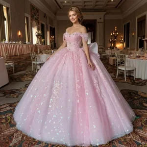 Princess Ball Gown Dress for Quinceanera Pink Lace Appliques Illusion Back Crystal Pleats Pearl Embroidery Bow Women’s Clothing