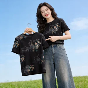 Printed Short Sleeved T-shirt Women’s Loose Round Neck Women’s Clothing Slimming Fashion Versatile Top Clothing