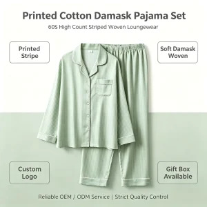 Printed Stripe Cotton Pajama Set 60S High Count Soft Woven Loungewear OEM ODM Custom Logo Gift Box Bulk Women Casual Sleepwear
