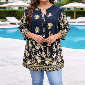 Printing Women’s Plus Size Casual Blouse V-neck Loose Straight Print Top Daily Outings or Office Wear Three Colors 1XL-5XL