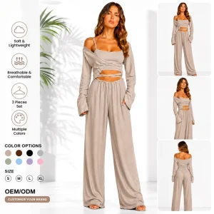 Private Label Thermal Breathable Summer Women’s 100% Bamboo Fiber 3 Piece Loungewear Set Casual