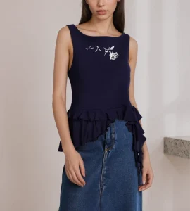 Professional High Quality ODM & OEM Navy Blue Women’s Summer Top Rose Embroidered Knitted Vest Casual Short Sleeveless