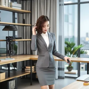 Professional Women’s Business Suits Woven Office Wear Blazers with Button Decoration